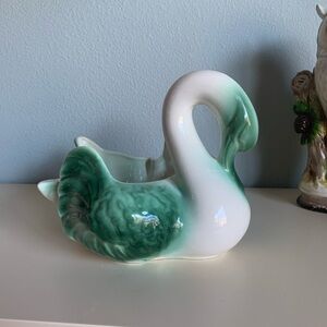 Vtg MCM 1950s Hull Pottery Coronet Swan Planter green & white #213